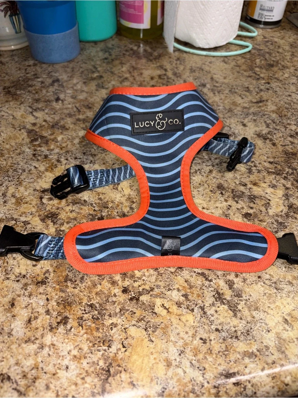 Reversible Ocean-Print Dog Harness with Navy stripes with Orange Trim
